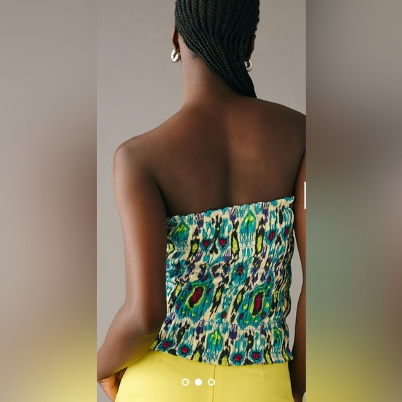 By Anthropologie Smocked Tube Top Size Medium Turquoise Ikat Print Strapless - Picture 2 of 8